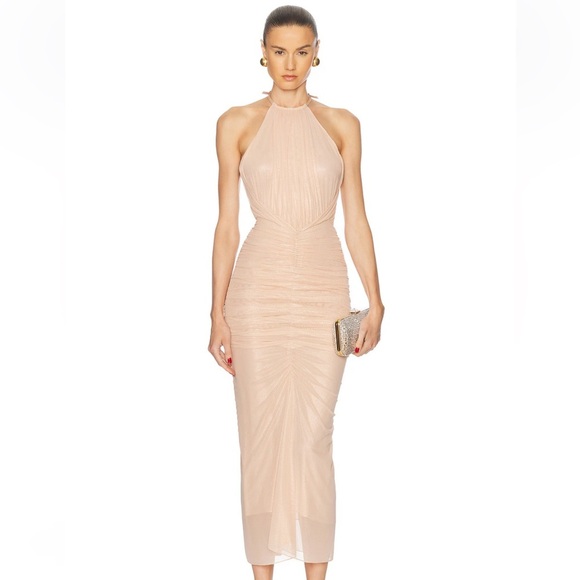 NWT Mugler High Neck Dress in Metallic Beige size FR 42 / US 10 - Picture 1 of 10